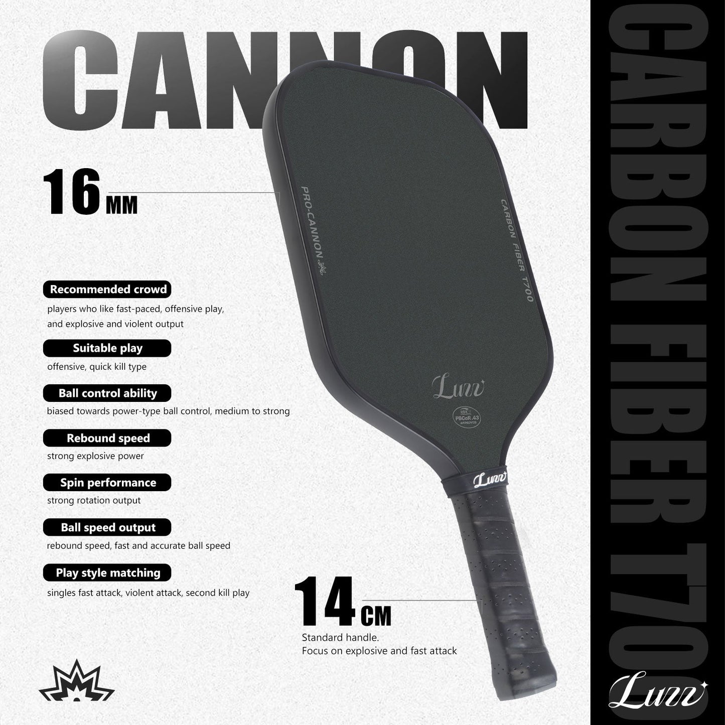 Luzzpickleball Cannon Paddle T700 Carbon Friction Surface|Thermoformed