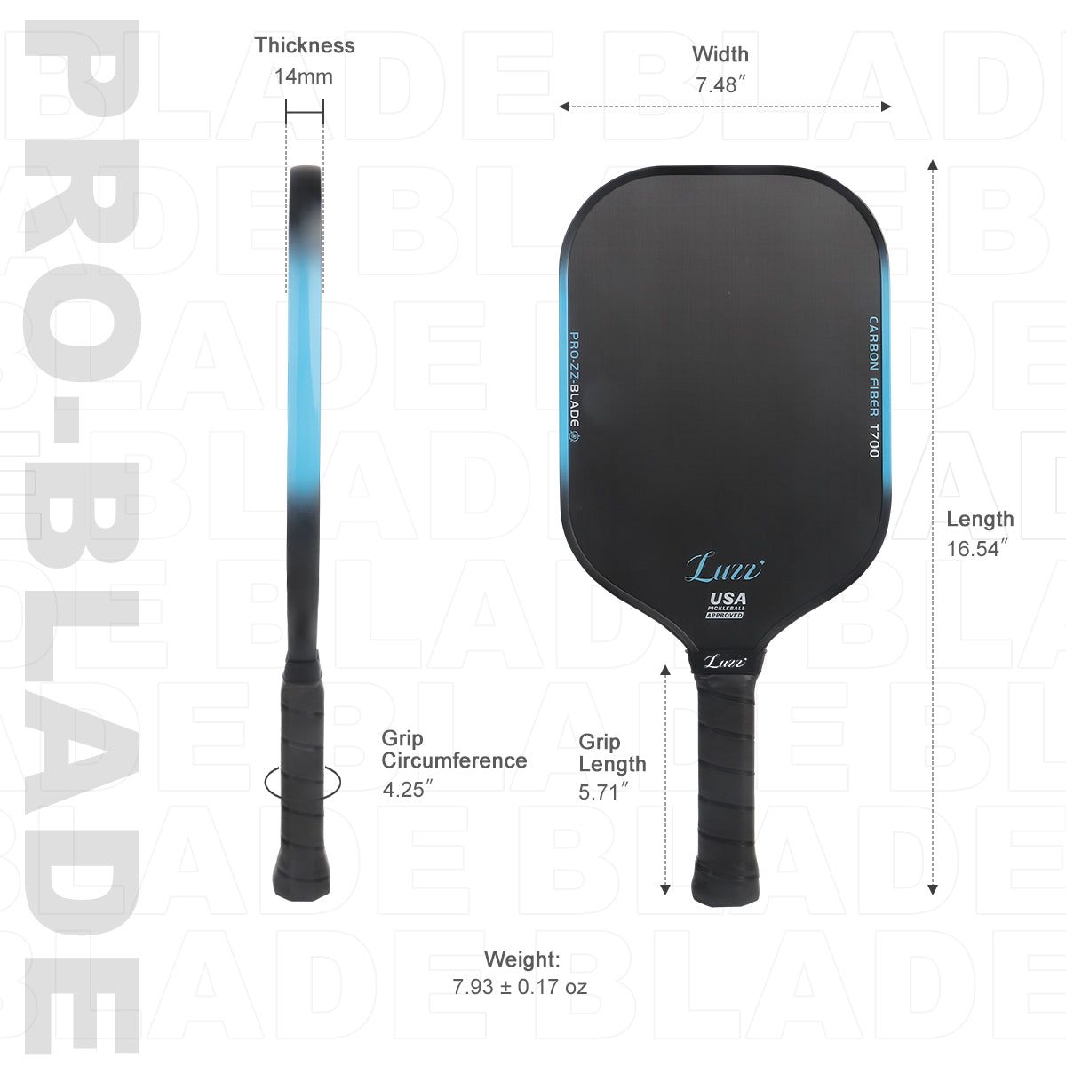 Luzzpickleball Blade Paddle(14mm) T700 Carbon Friction Surface|Thermoformed