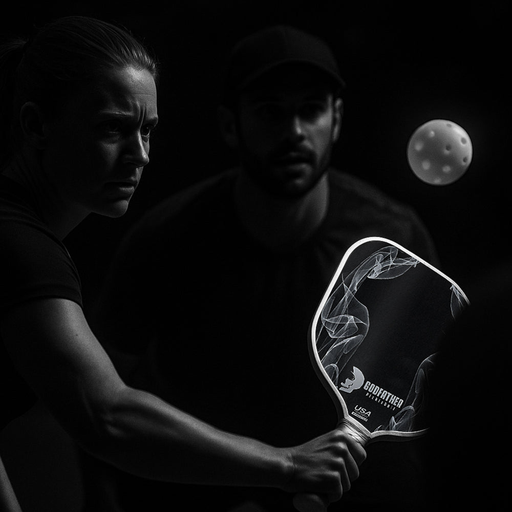 Two people holding a racquet with a glowing design, against a dark background.