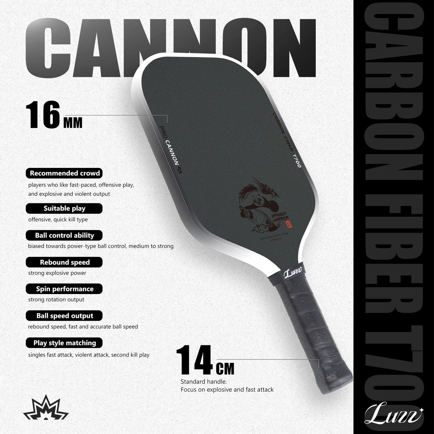 Luzzpickleball Kung Fu Panda Cannon T700 Carbon Friction Surface|Thermoformed