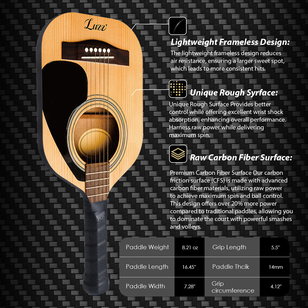 Luzzpickleball Guitar Groove Original Paddle (16mm) T700 Carbon Fiber