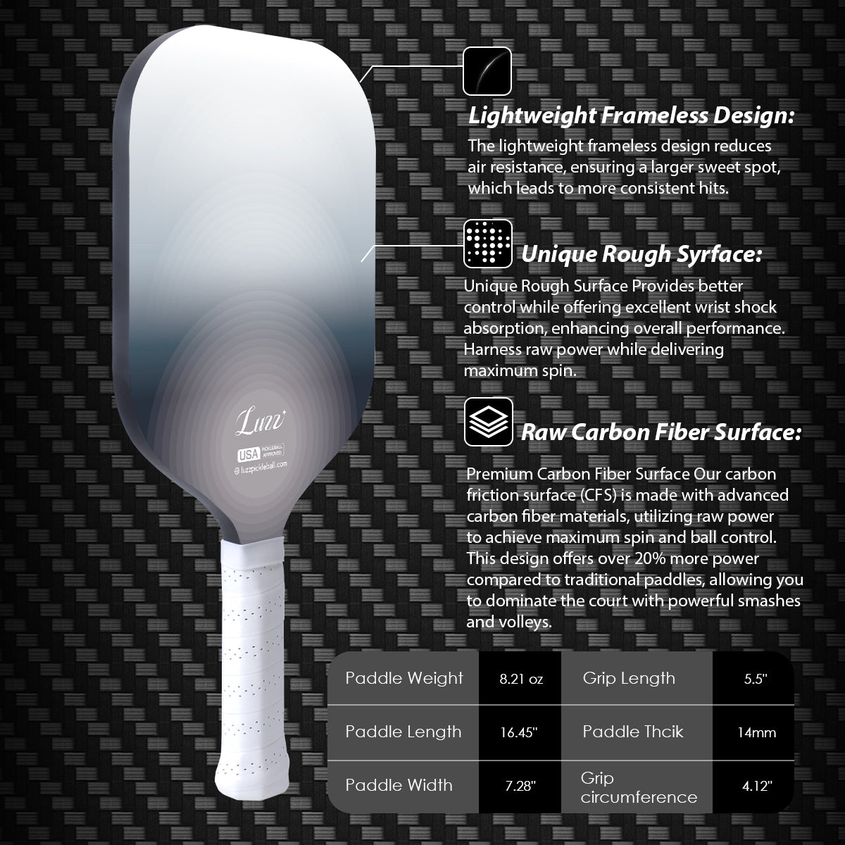 Luzzpickleball Fog Original Paddle (16mm) T700 Carbon Fiber